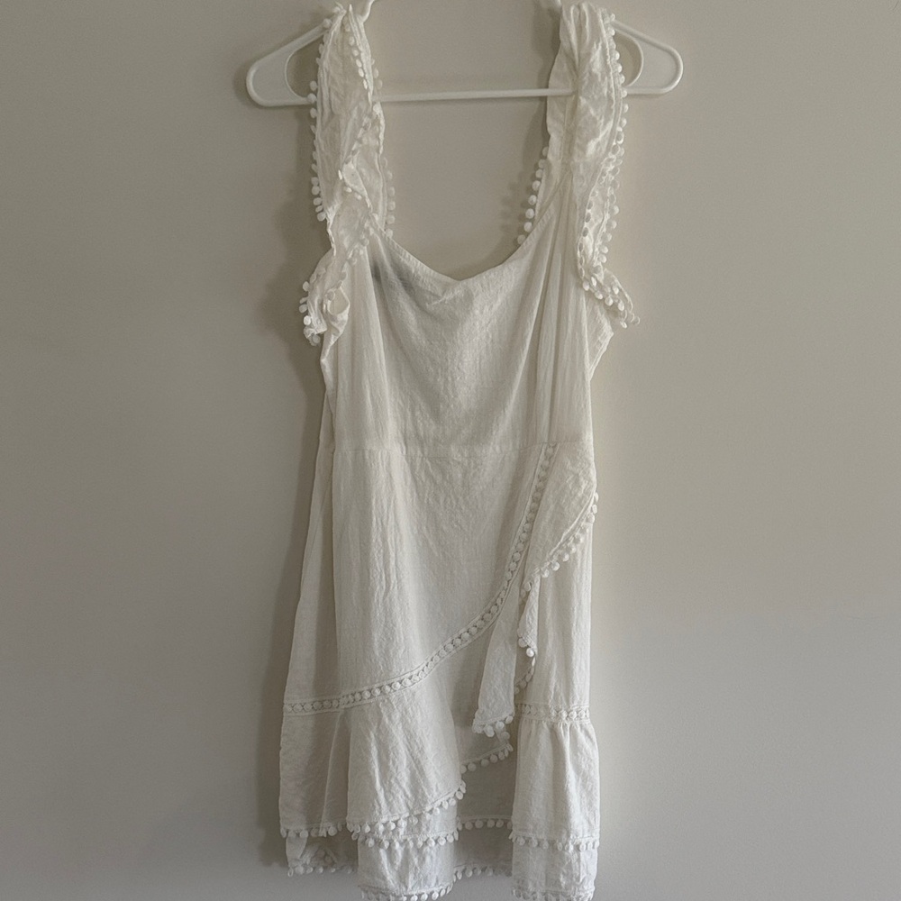 White Sleeveless Dress with Pom Pom Trim